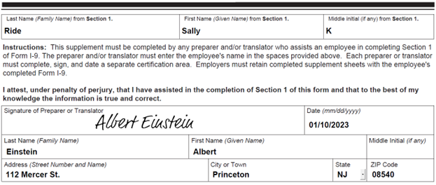 Sample of how to fill out the Preparer and-or Translator certification for Section1