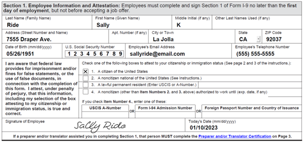 Sample of how to fill in Section 1 of the Employee information and attestation how